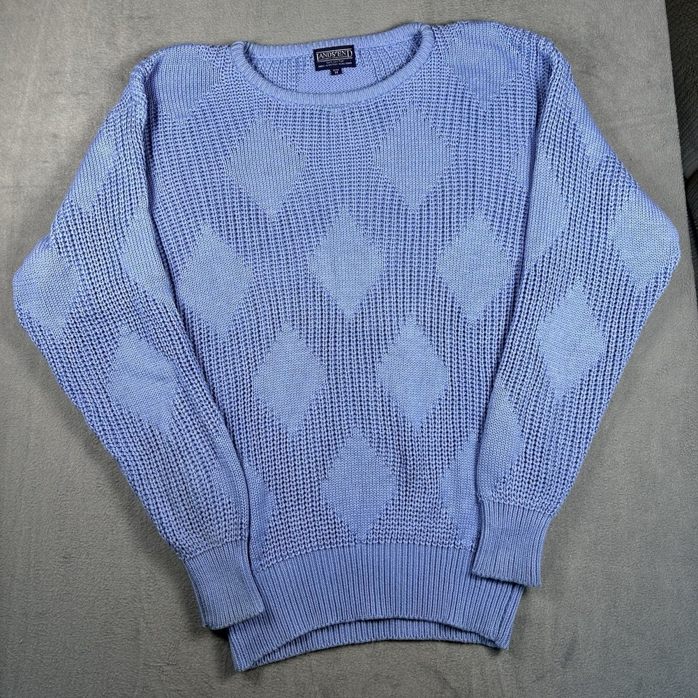 VTG Lands' End Blue Argyle Knit Sweater Mens M 90s 00s Cotton Heritage Preppy